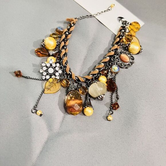 Art Glass Dangle Charm Bracelet Faux Pearl Leather Rhinestone Dangle Earth Tone - Picture 5 of 13